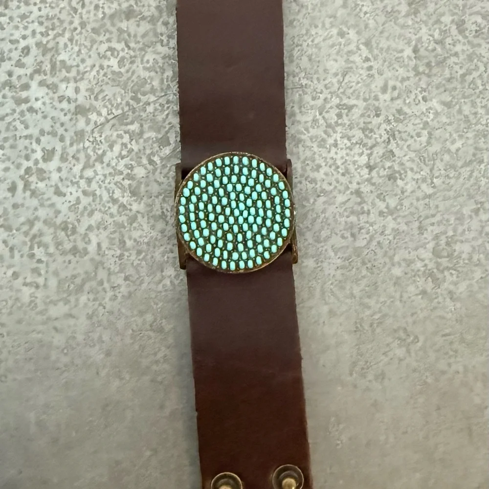 Turquoise Studded Brown Leather Wristband